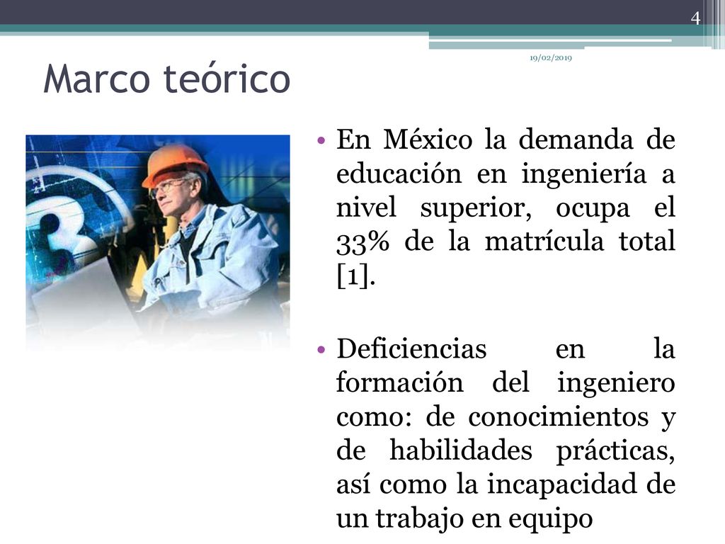 Marco teórico 19/02/2019. En México la demanda de educación en ingeniería a nivel superior, ocupa el 33% de la matrícula total [1].