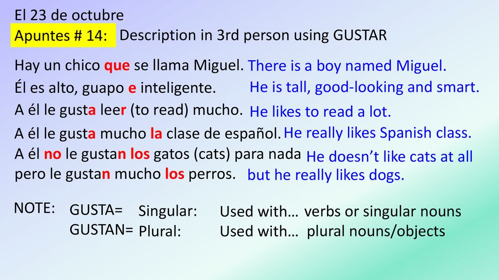 El 23 de octubre Description in 3rd person using GUSTAR. Apuntes # 14: Hay un chico que se llama Miguel.
