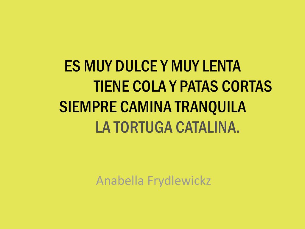 ES MUY DULCE Y MUY LENTA TIENE COLA Y PATAS CORTAS SIEMPRE CAMINA TRANQUILA LA TORTUGA CATALINA.