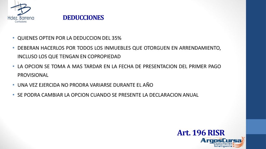 Art. 196 RISR DEDUCCIONES QUIENES OPTEN POR LA DEDUCCION DEL 35%