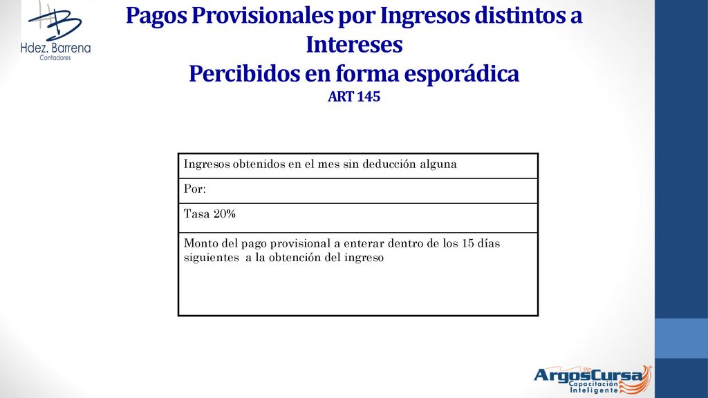 Pagos Provisionales por Ingresos distintos a Intereses Percibidos en forma esporádica ART 145