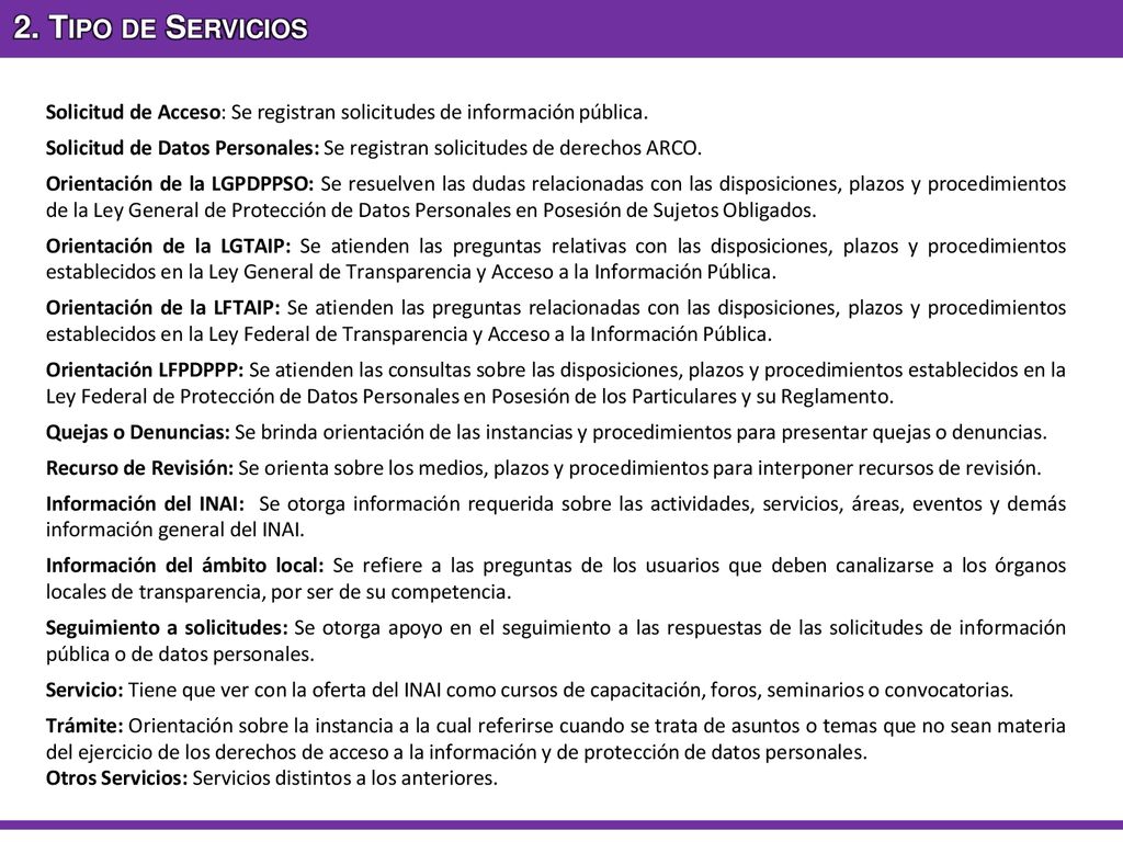 2. Tipo de Servicios Solicitud de Acceso: Se registran solicitudes de información pública.
