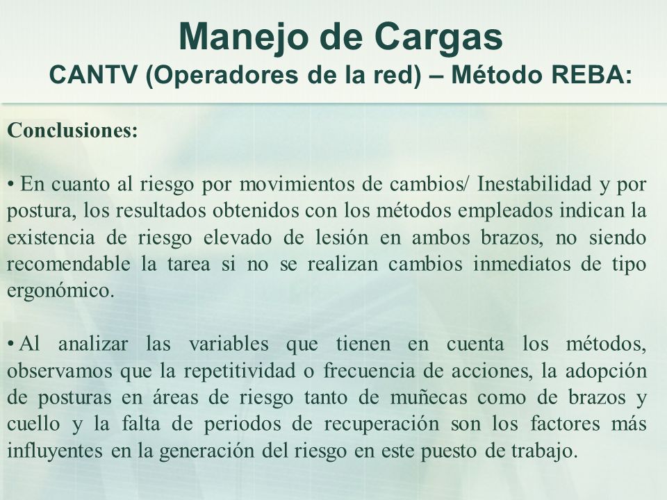Manejo de Cargas CANTV (Operadores de la red) – Método REBA: