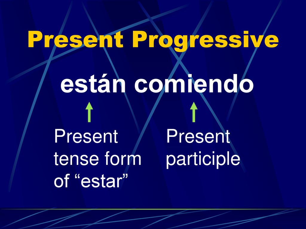 Present Progressive están comiendo Present tense form of estar