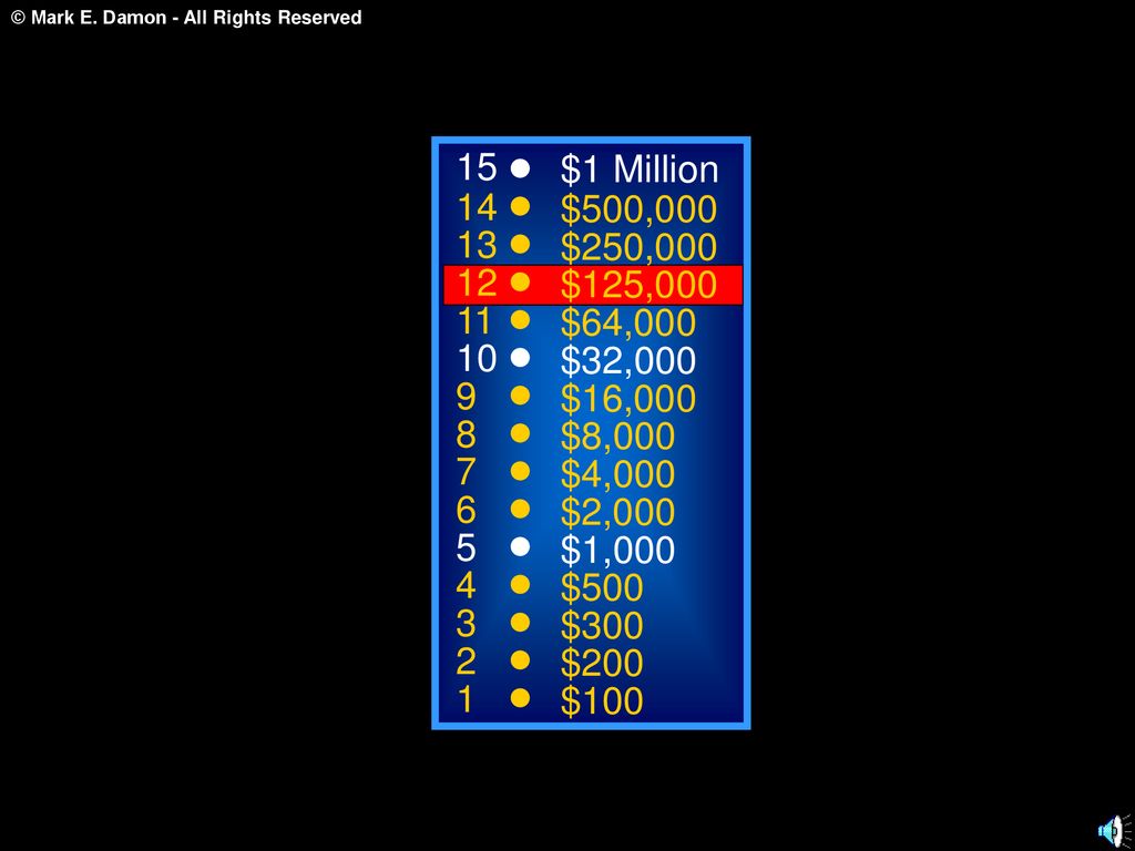 15 $1 Million. 14. $500, $250, $125, $64, $32, $16,000.