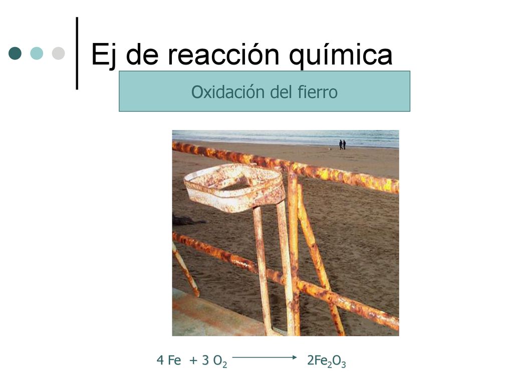 Ej de reacción química Oxidación del fierro 4 Fe + 3 O2 2Fe2O3