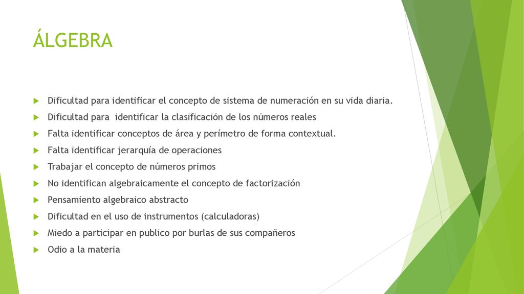 ÁLGEBRA Dificultad para identificar el concepto de sistema de numeración en su vida diaria.