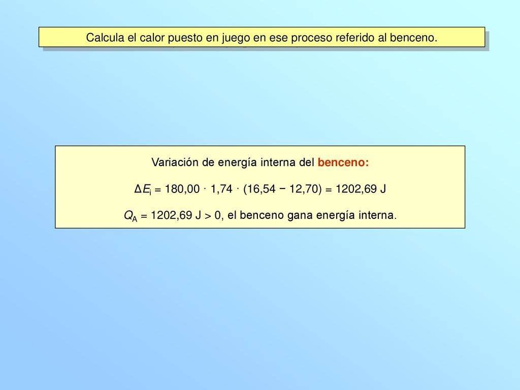 Calcula el calor puesto en juego en ese proceso referido al benceno.