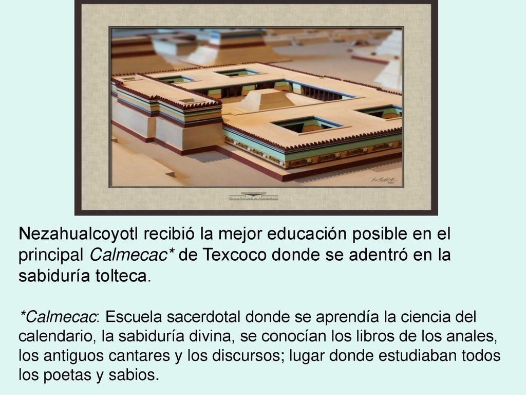 Nezahualcoyotl recibió la mejor educación posible en el principal Calmecac* de Texcoco donde se adentró en la sabiduría tolteca.