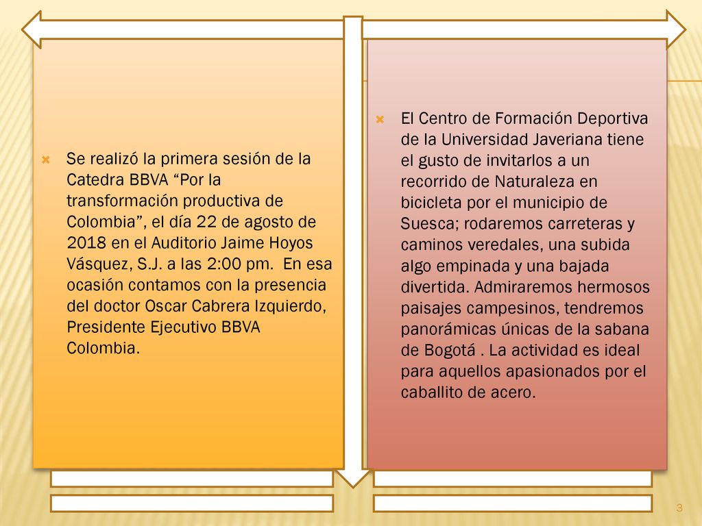 Se realizó la primera sesión de la Catedra BBVA Por la transformación productiva de Colombia , el día 22 de agosto de 2018 en el Auditorio Jaime Hoyos Vásquez, S.J. a las 2:00 pm. En esa ocasión contamos con la presencia del doctor Oscar Cabrera Izquierdo, Presidente Ejecutivo BBVA Colombia.