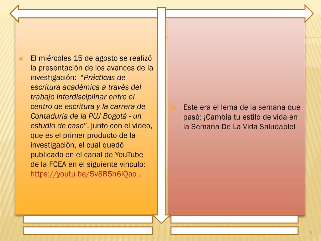 El miércoles 15 de agosto se realizó la presentación de los avances de la investigación: Prácticas de escritura académica a través del trabajo interdisciplinar entre el centro de escritura y la carrera de Contaduría de la PUJ Bogotá - un estudio de caso , junto con el video, que es el primer producto de la investigación, el cual quedó publicado en el canal de YouTube de la FCEA en el siguiente vinculo:   .