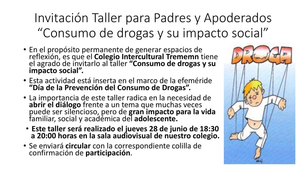 Invitación Taller para Padres y Apoderados Consumo de drogas y su impacto social
