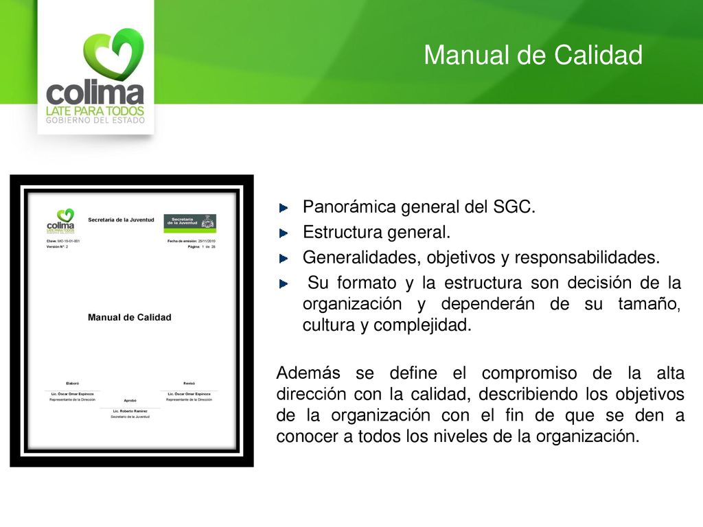 Manual de Calidad Panorámica general del SGC. Estructura general.