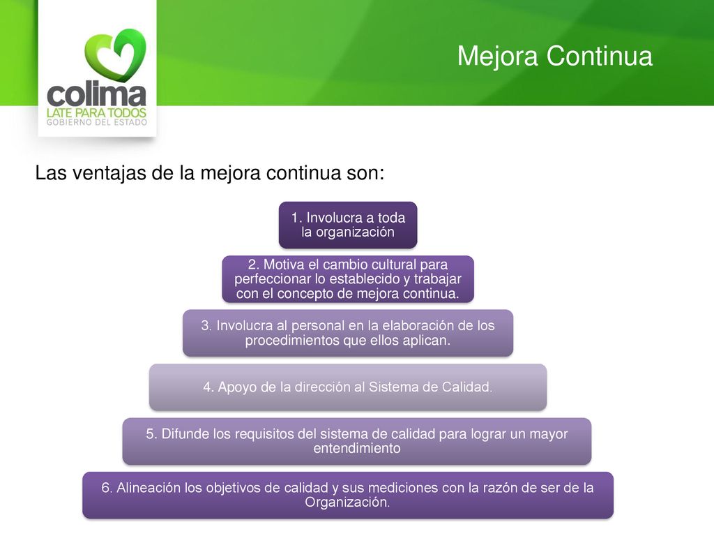 Mejora Continua Las ventajas de la mejora continua son: