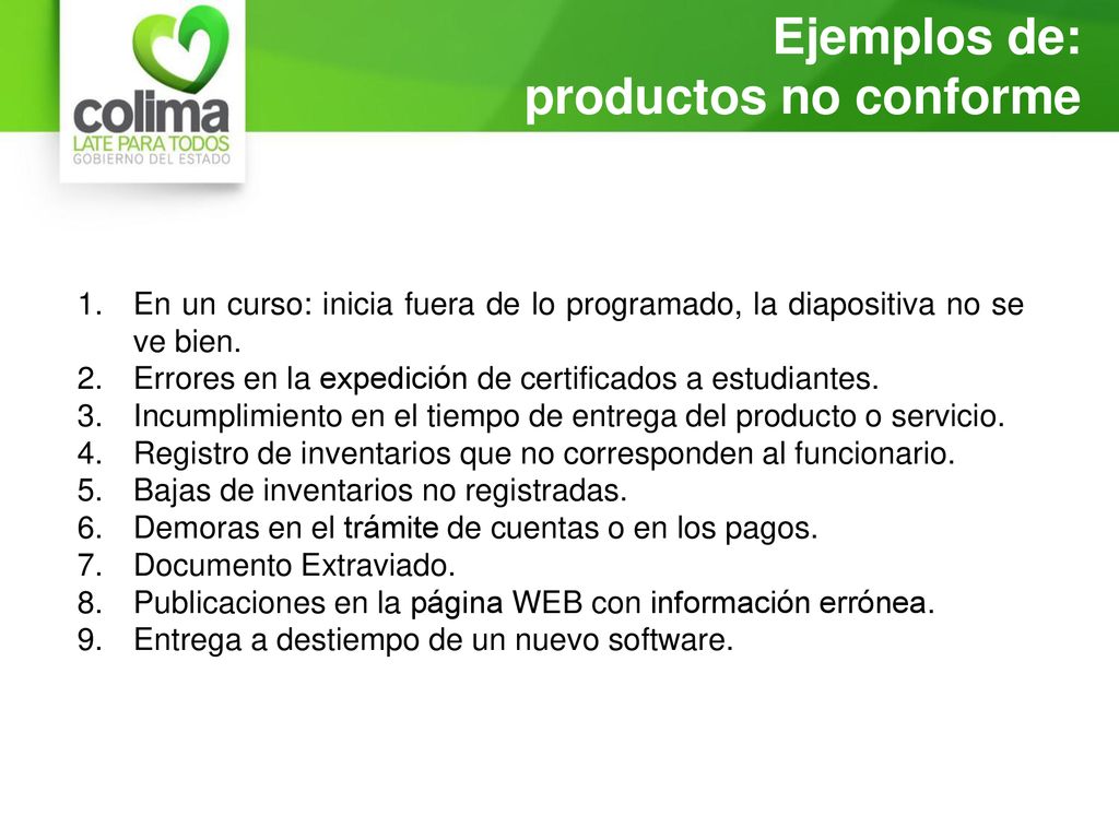 Ejemplos de: productos no conforme