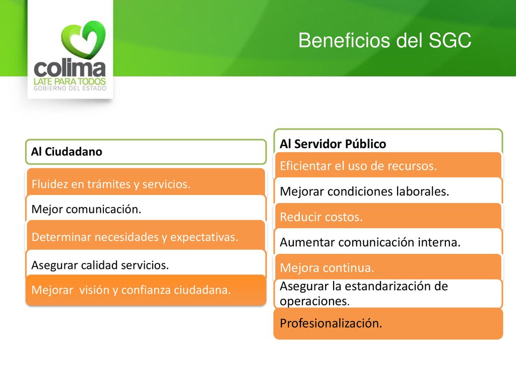 Beneficios del SGC Al Servidor Público Eficientar el uso de recursos.