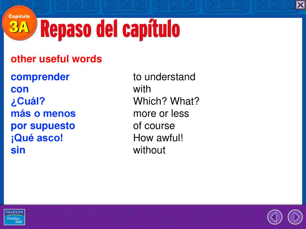 other useful words comprender to understand. con with. ¿Cuál Which What más o menos more or less.