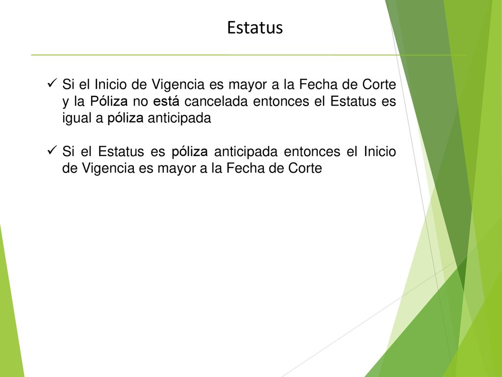 Estatus Si el Inicio de Vigencia es mayor a la Fecha de Corte y la Póliza no está cancelada entonces el Estatus es igual a póliza anticipada.