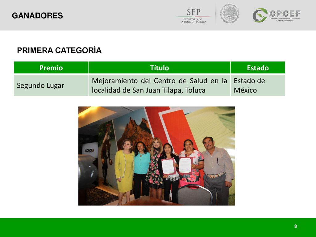 GANADORES PRIMERA CATEGORÍA. Premio. Título. Estado. Segundo Lugar. Mejoramiento del Centro de Salud en la localidad de San Juan Tilapa, Toluca.