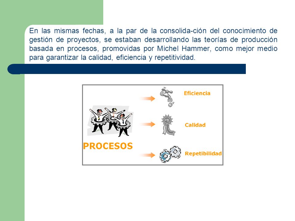 En las mismas fechas, a la par de la consolida-ción del conocimiento de gestión de proyectos, se estaban desarrollando las teorías de producción basada en procesos, promovidas por Michel Hammer, como mejor medio para garantizar la calidad, eficiencia y repetitividad.