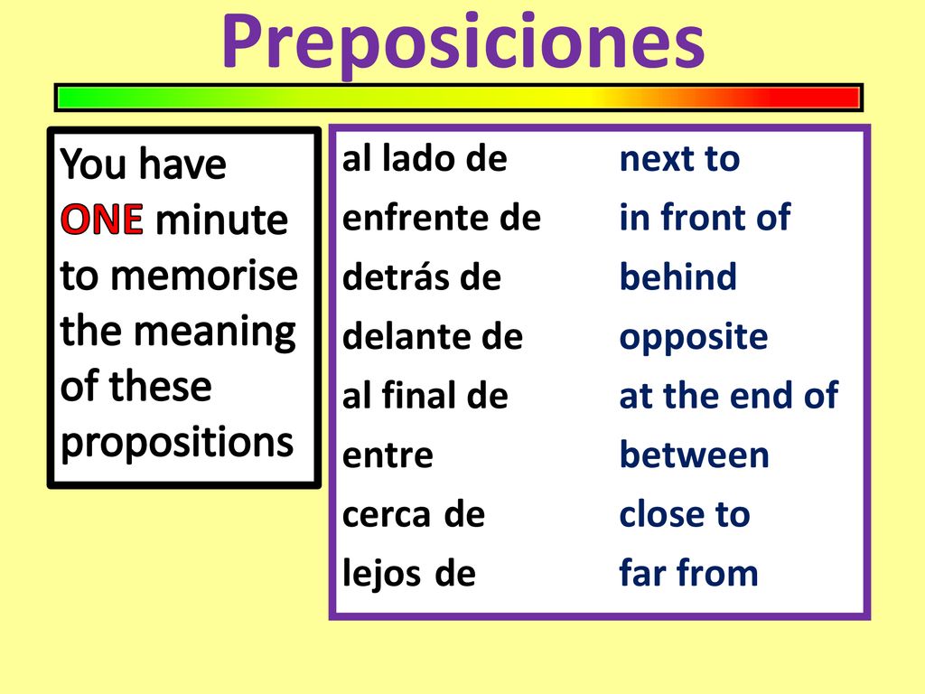 Preposiciones You have ONE minute to memorise the meaning of these propositions. al lado de next to.