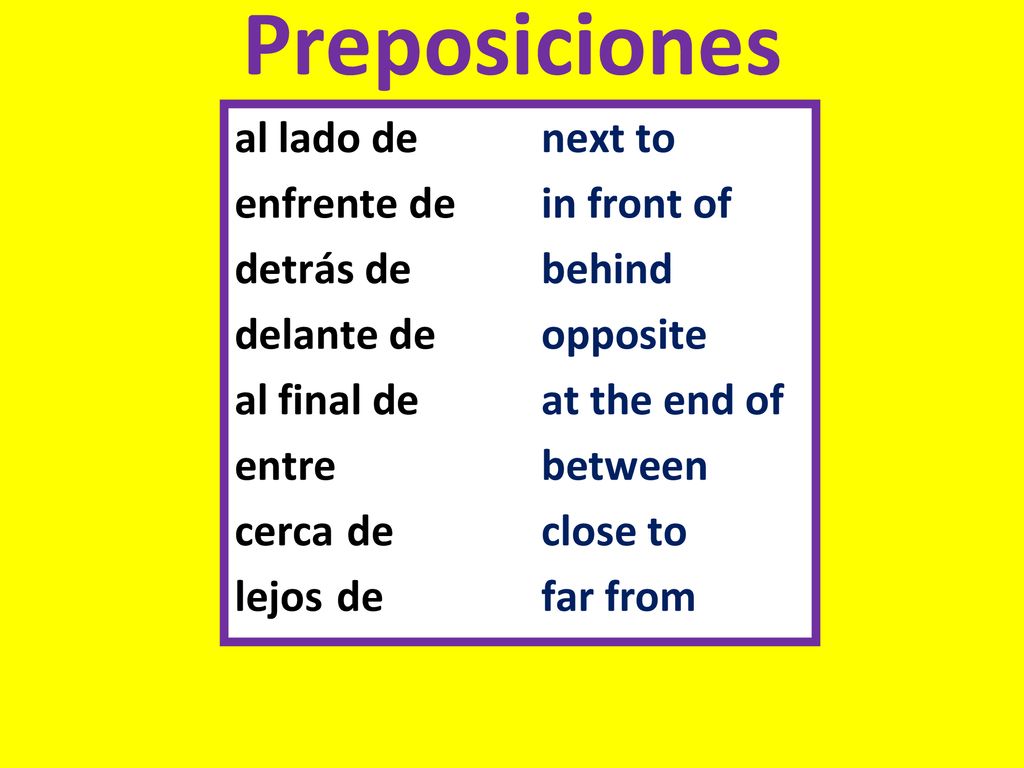 Preposiciones al lado de next to enfrente de in front of