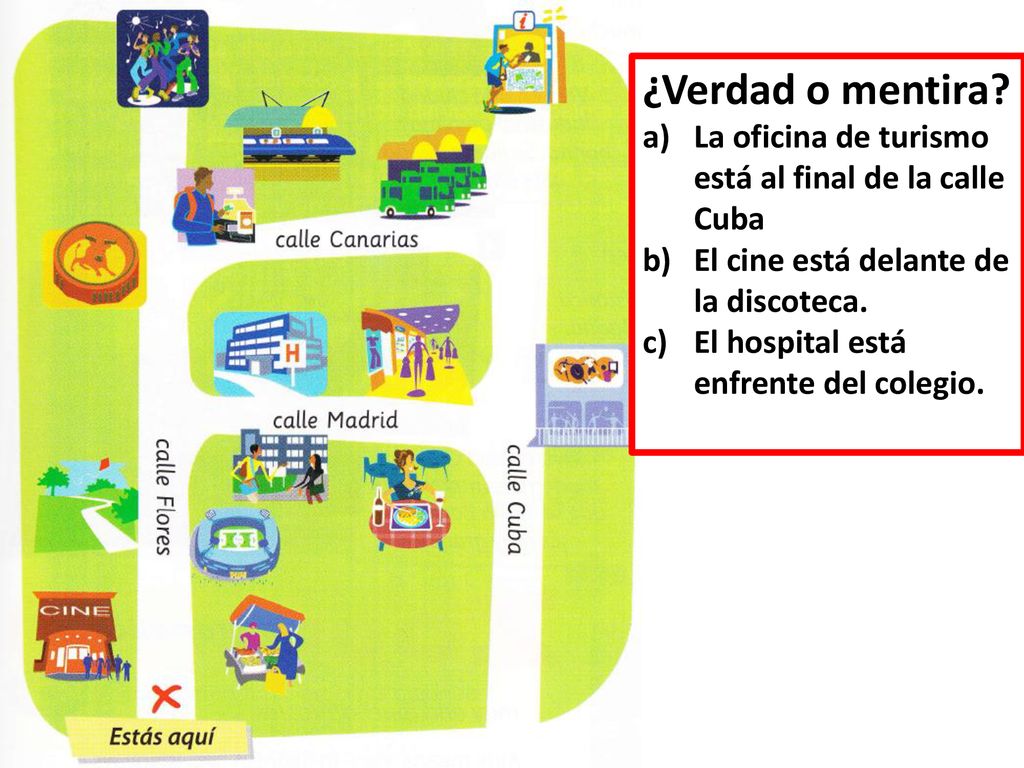 ¿Verdad o mentira La oficina de turismo está al final de la calle Cuba. El cine está delante de la discoteca.