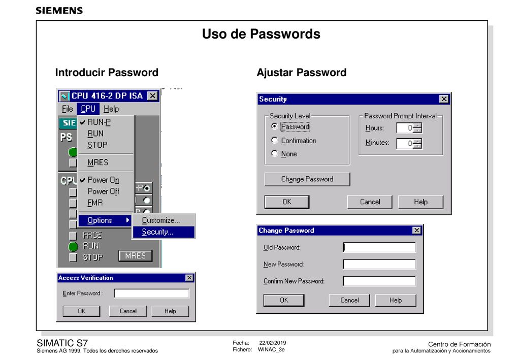 Uso de Passwords Introducir Password Ajustar Password