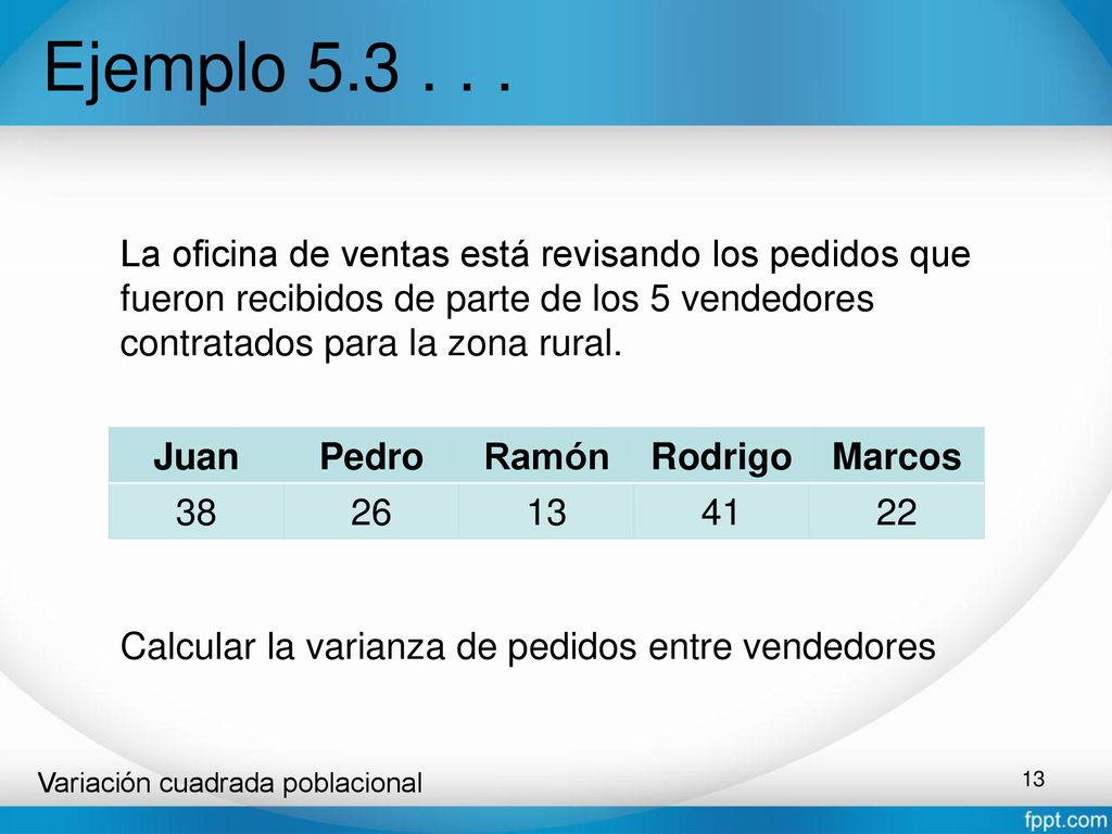 Ejemplo La oficina de ventas está revisando los pedidos que fueron recibidos de parte de los 5 vendedores contratados para la zona rural.