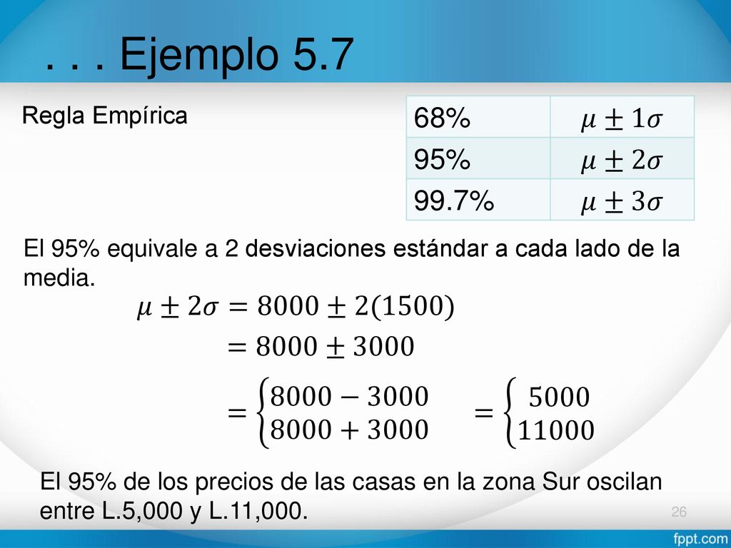 . . . Ejemplo % 𝜇±1𝜎 95% 𝜇±2𝜎 99.7% 𝜇±3𝜎 𝜇±2𝜎=8000±2(1500)