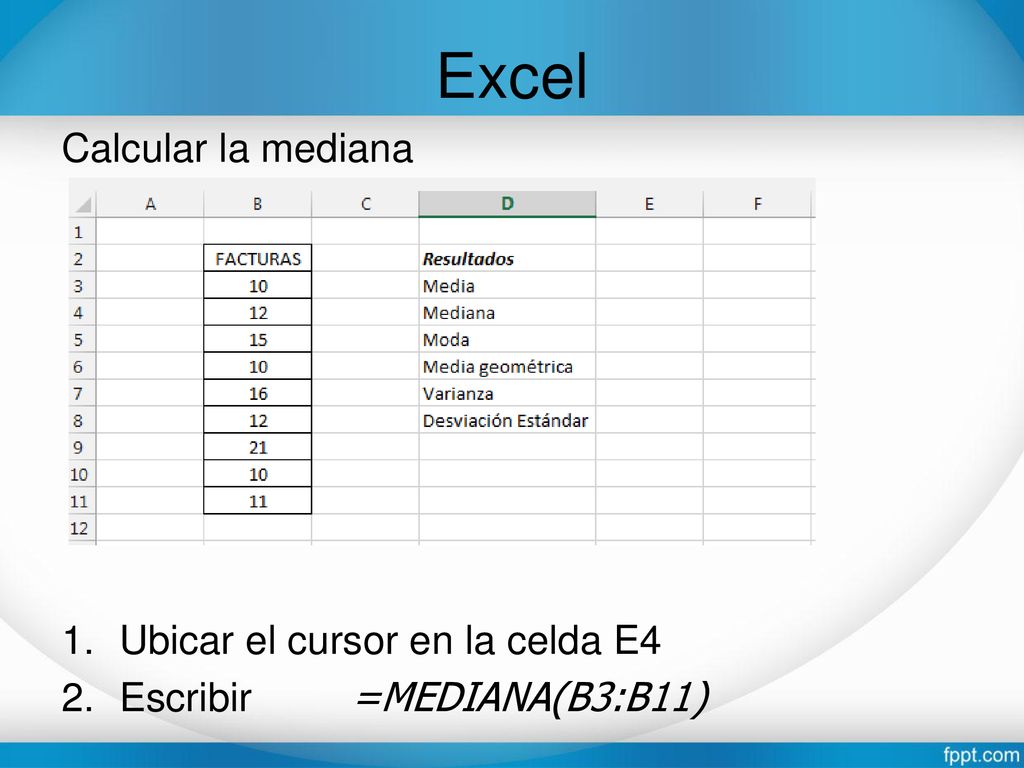 Excel Calcular la mediana Ubicar el cursor en la celda E4