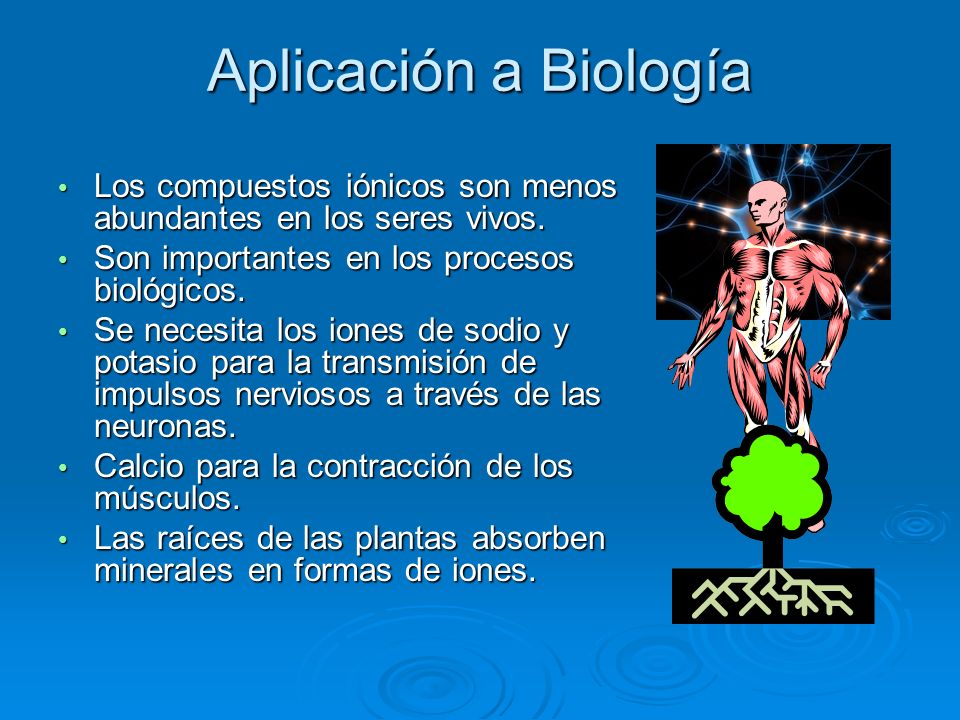 Aplicación a Biología Los compuestos iónicos son menos abundantes en los seres vivos. Son importantes en los procesos biológicos.