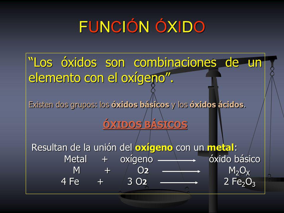 FUNCIÓN ÓXIDO Los óxidos son combinaciones de un elemento con el oxígeno . Existen dos grupos: los óxidos básicos y los óxidos ácidos.