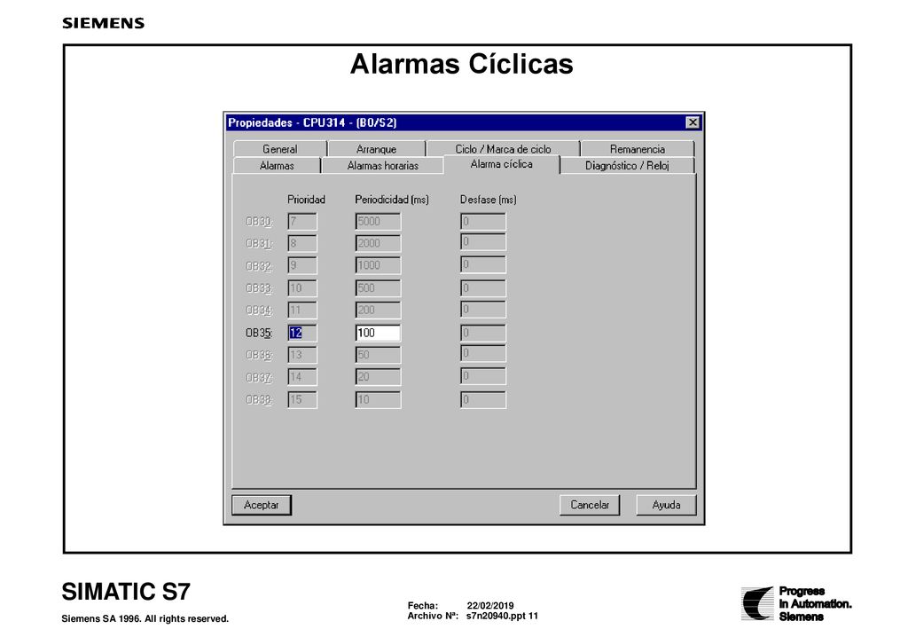 Alarmas Cíclicas Alarmas cíclicas Las alarmas cíclicas hacen posible ejecutar partes del programa en intervalos de tiempo prefijados.