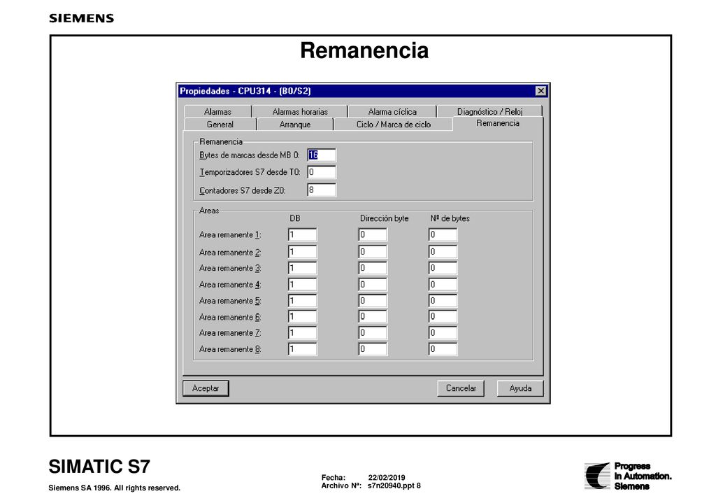 Remanencia Áreas Remanentes Las áreas de memoria remanentes se guardan después de un fallo de tensión y después de un rearranque completo.