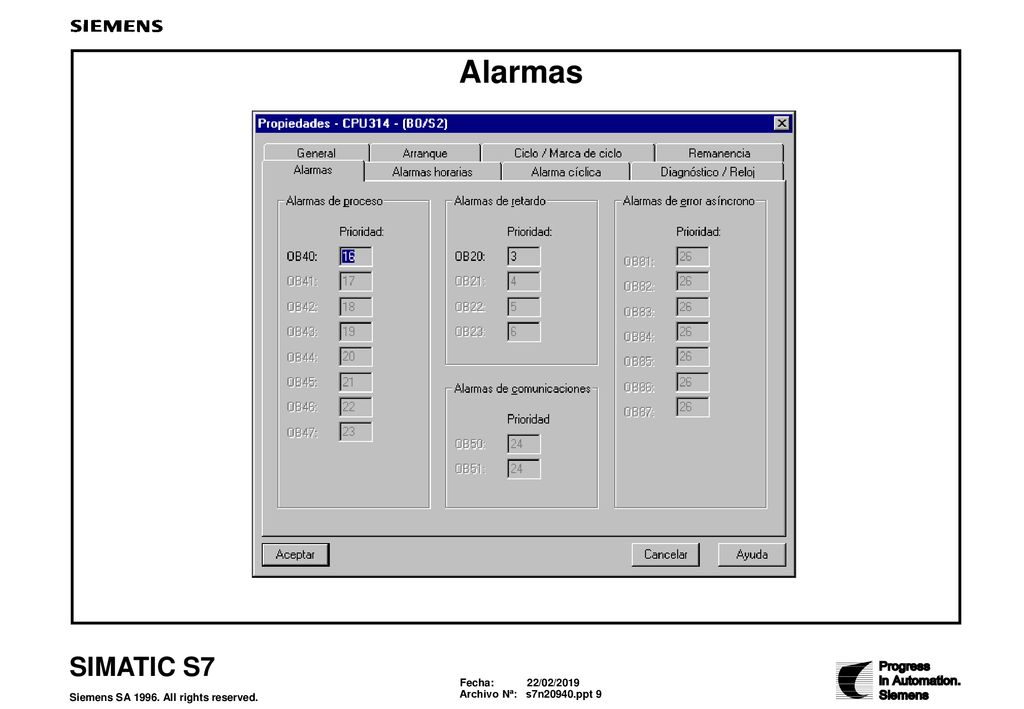 Alarmas Prioridades En el S7-400, puede cambiar las prioridades de los módulos de alarma.