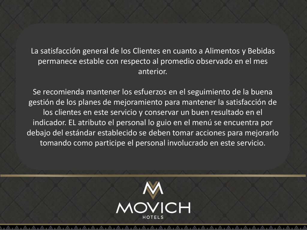 La satisfacción general de los Clientes en cuanto a Alimentos y Bebidas permanece estable con respecto al promedio observado en el mes anterior.