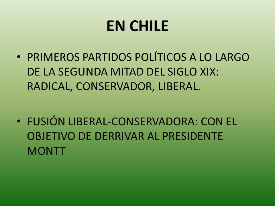 EN CHILE PRIMEROS PARTIDOS POLÍTICOS A LO LARGO DE LA SEGUNDA MITAD DEL SIGLO XIX: RADICAL, CONSERVADOR, LIBERAL.