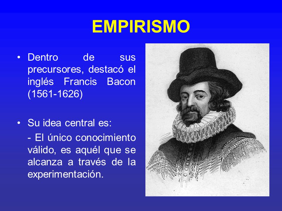 EMPIRISMO Dentro de sus precursores, destacó el inglés Francis Bacon ( ) Su idea central es: