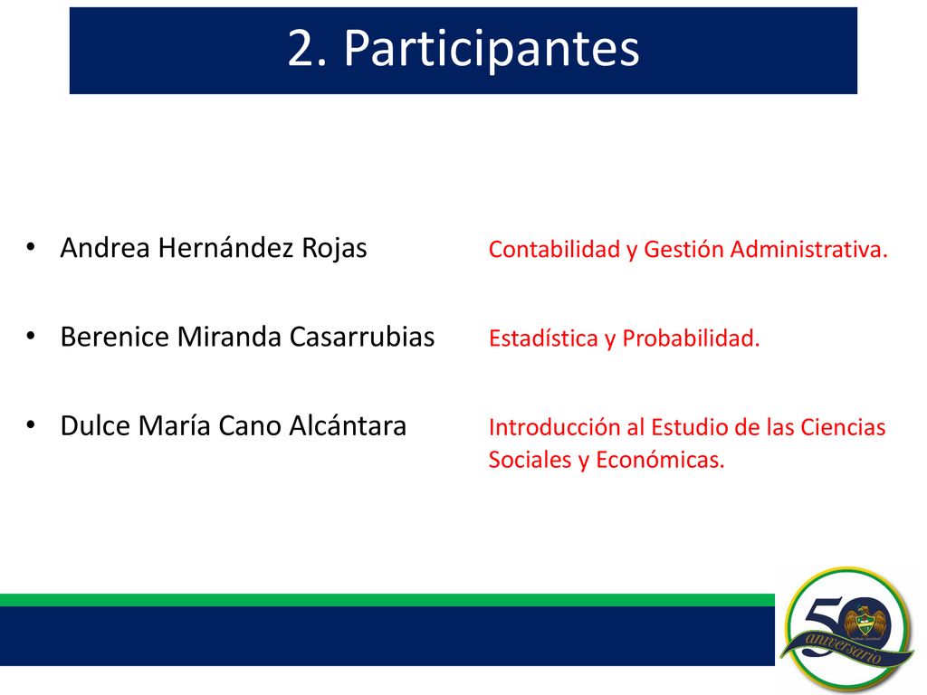 2. Participantes Andrea Hernández Rojas Contabilidad y Gestión Administrativa. Berenice Miranda Casarrubias Estadística y Probabilidad.