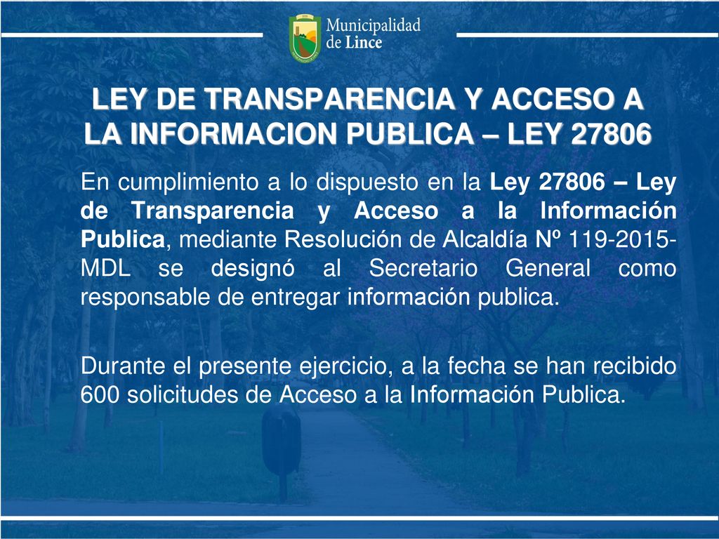 LEY DE TRANSPARENCIA Y ACCESO A LA INFORMACION PUBLICA – LEY 27806