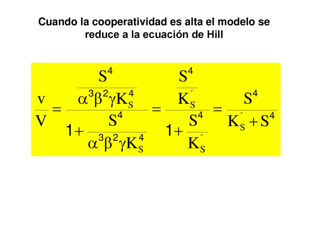 Cuando la cooperatividad es alta el modelo se reduce a la ecuación de Hill