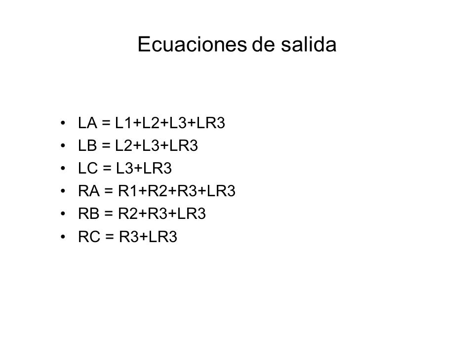 Ecuaciones de salida LA = L1+L2+L3+LR3 LB = L2+L3+LR3 LC = L3+LR3