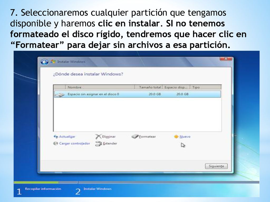 7. Seleccionaremos cualquier partición que tengamos disponible y haremos clic en instalar.