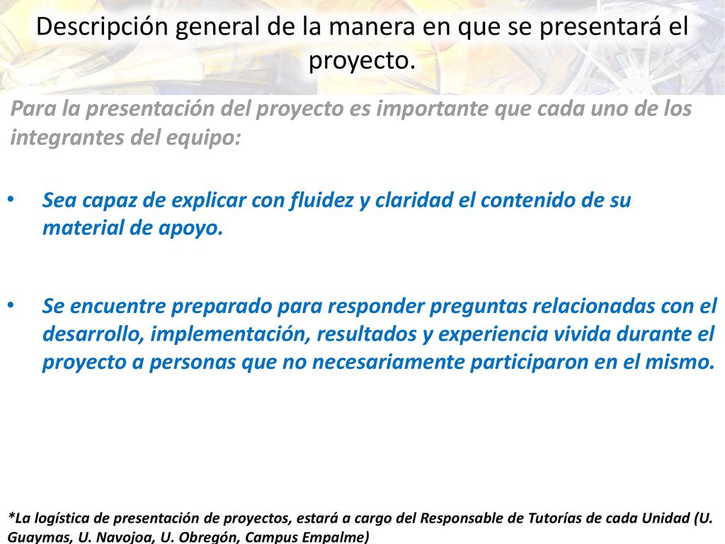 Descripción general de la manera en que se presentará el proyecto.