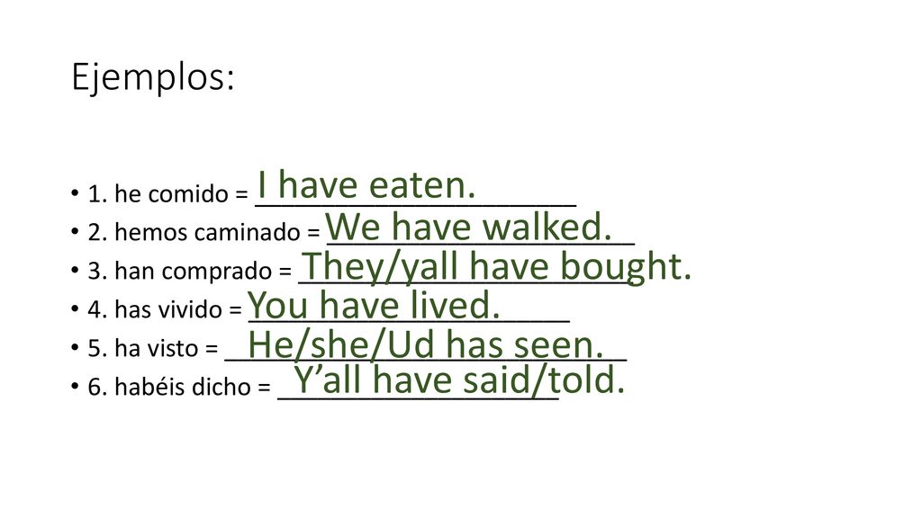 Ejemplos: I have eaten. We have walked. They/yall have bought.