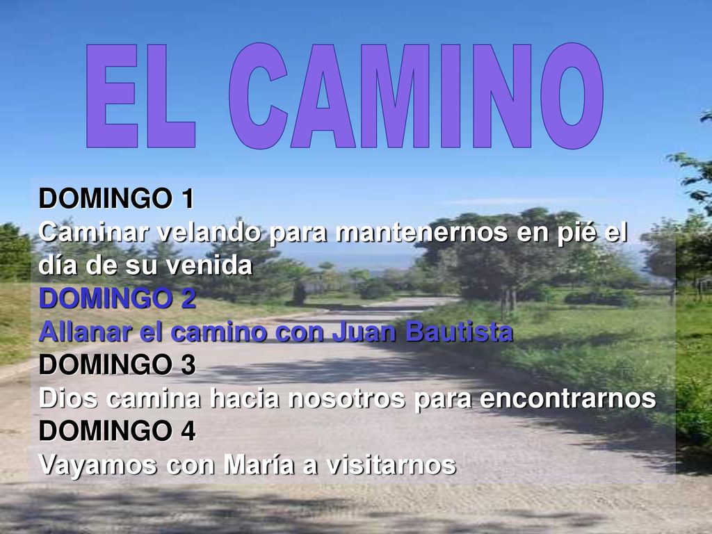 EL CAMINO DOMINGO 1 Caminar velando para mantenernos en pié el día de su venida. DOMINGO 2. Allanar el camino con Juan Bautista.