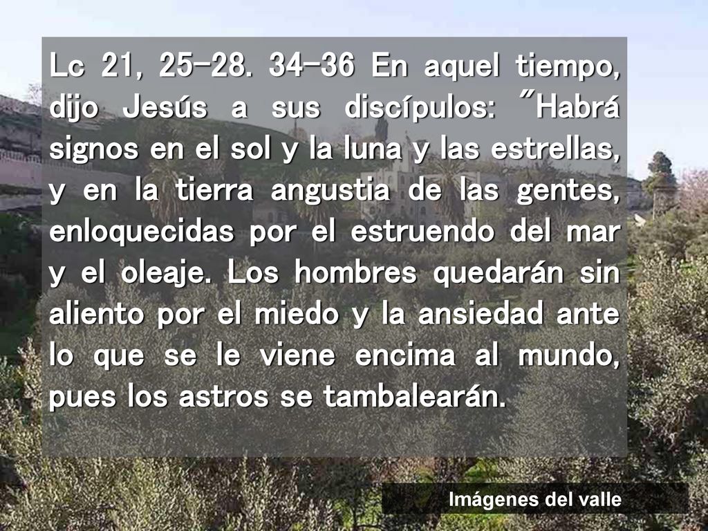 Lc 21, En aquel tiempo, dijo Jesús a sus discípulos: Habrá signos en el sol y la luna y las estrellas, y en la tierra angustia de las gentes, enloquecidas por el estruendo del mar y el oleaje. Los hombres quedarán sin aliento por el miedo y la ansiedad ante lo que se le viene encima al mundo, pues los astros se tambalearán.