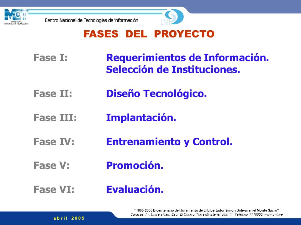 FASES DEL PROYECTO Fase I: Requerimientos de Información. Selección de Instituciones. Fase II: Diseño Tecnológico.