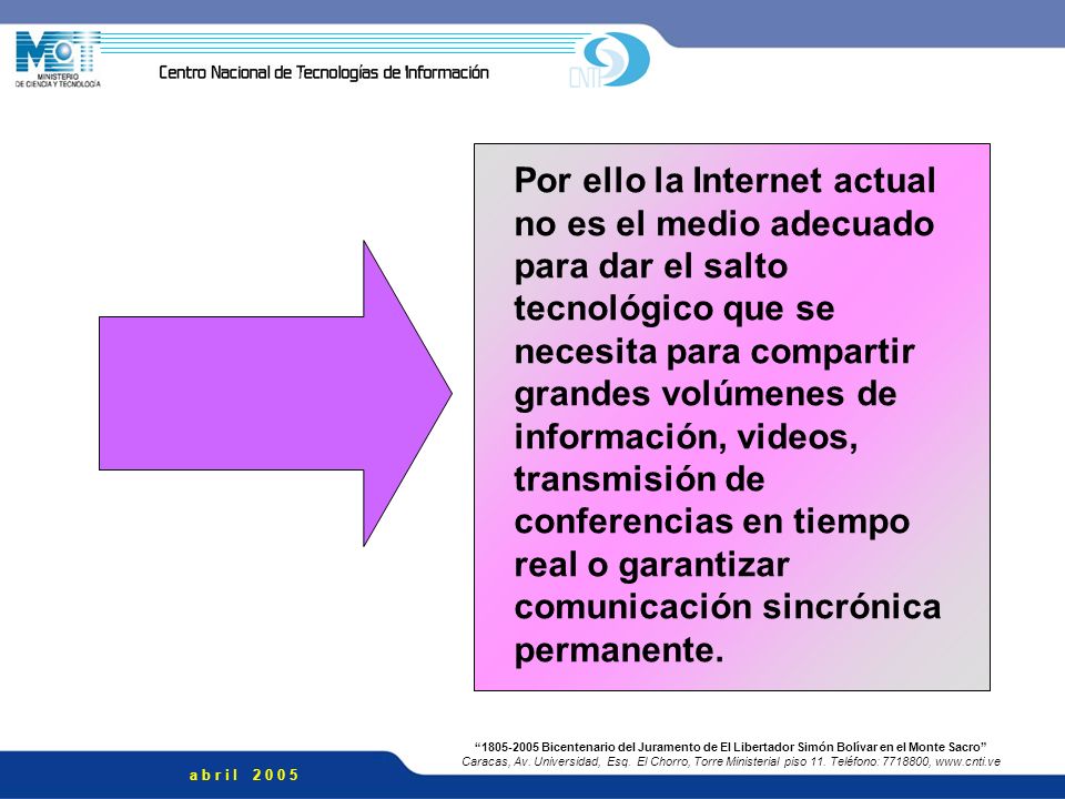 Por ello la Internet actual no es el medio adecuado para dar el salto tecnológico que se necesita para compartir grandes volúmenes de información, videos, transmisión de conferencias en tiempo real o garantizar comunicación sincrónica permanente.